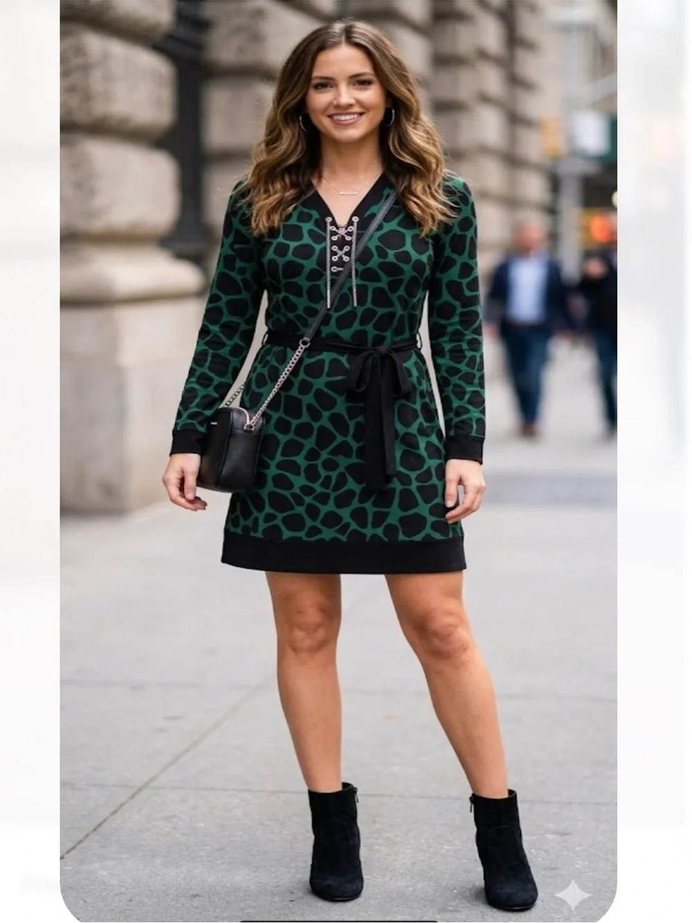 Michael Kors Green and Black Lace-Up Long Sleeve Dress